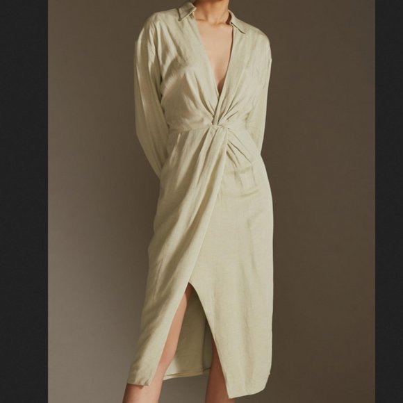 Anthropologie 4 NWT V-Neck Knot Front Midi Dress Sage Green Linen Blend - Picture 10 of 12